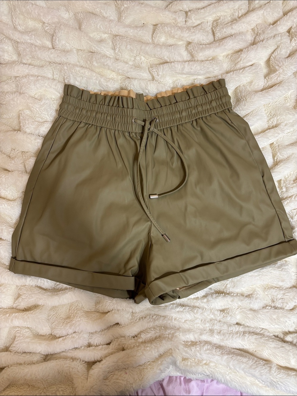 Women's Olive Green Drawstring Paperbag Waist Shorts